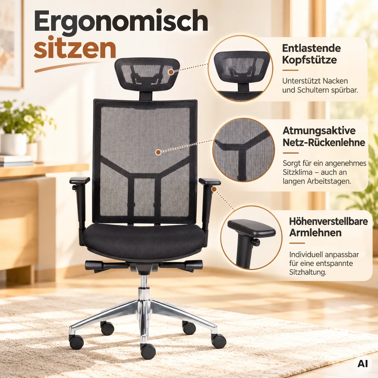 Ergo Net L mit Kopfstütze - Netz-Bürostuhl